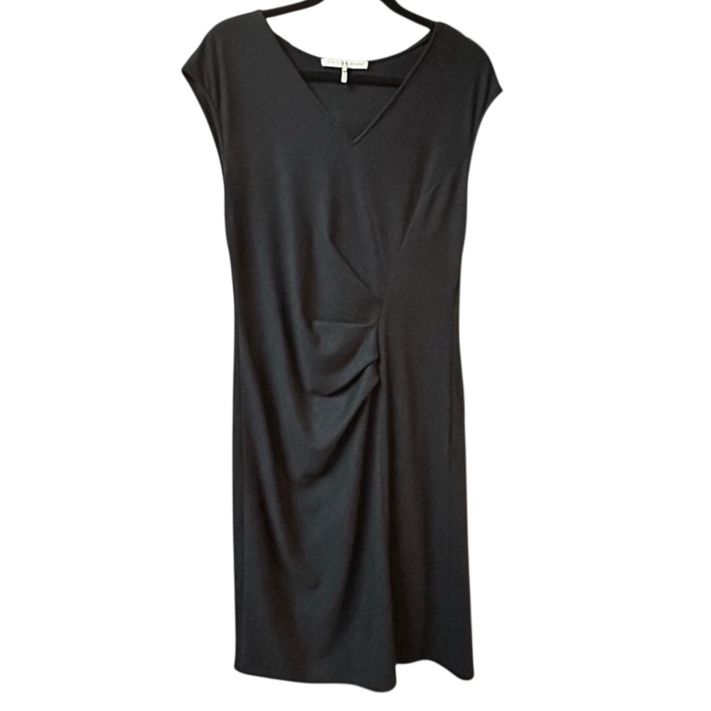 Halston Heritage Little Black Dress Side Ruched 100% Soft Thin Wool Midi Size 10